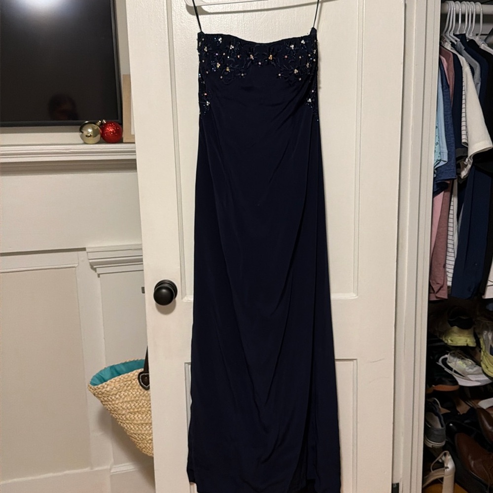 Strapless Navy Dress with Scarf and Embellished Bodice
